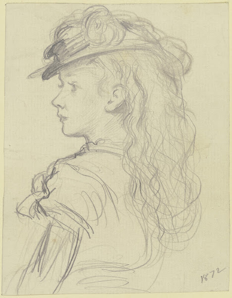 Mädchen in Dreiviertelfigur nach links mit offenem Haar und Hut 1872