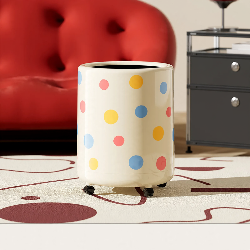 Large trash can with wheels and polka-dot design