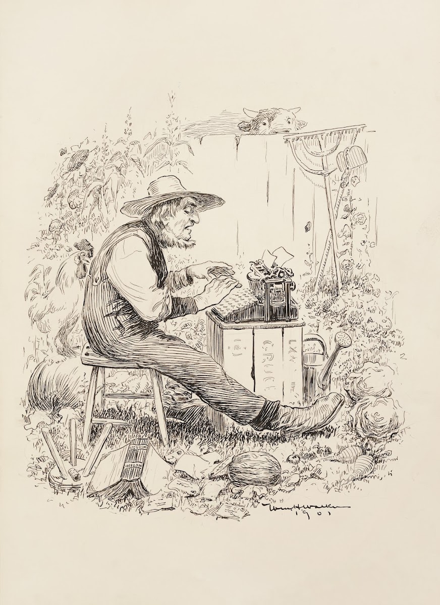 A farmer sits in his field typing on a type writer surrounded by his crops and a