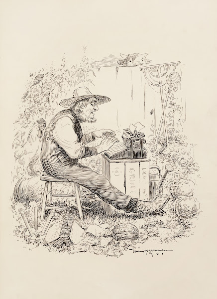 A farmer sits in his field typing on a type writer surrounded by his crops and a
