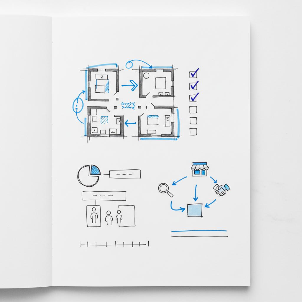 Top-down notebook sketches planning cleaning service leads: floorplan doodles, checklist with checkmarks, and flowchart icons for search, marketplaces, and referrals on white background
