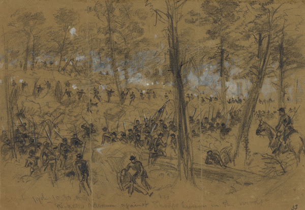 Ricketts advance against Rhodes division in the woods 1864