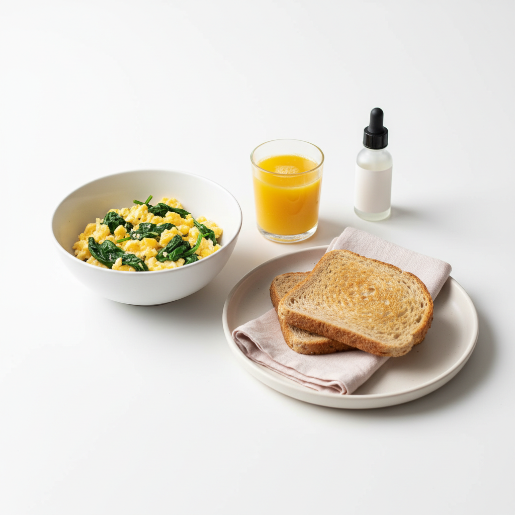 Minimalistisches Frühstück mit Rührei, Spinat, Vollkorntoast, Orangensaft und unbeschrifteter Nagelhautöl-Flasche zur Pflege der Nägel vor weißem Hintergrund
