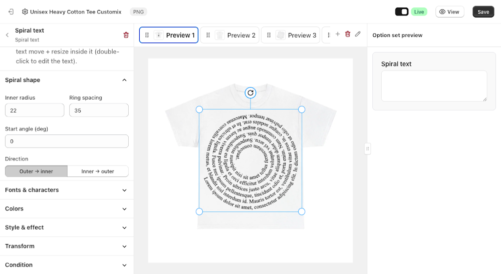 Move with bounding box field, and the Spiral shape panel with Inner radius, Ring spacing, Start angle, and Direction fields