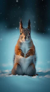 Cute Red Squirrel Sitting in Snowy Winter Landscape