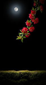 Dramatic Night Scene with Red Blossoms Branch Hanging Over Stone Wall and Full Moon