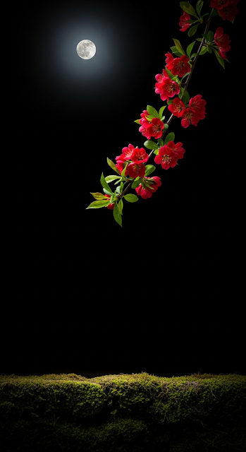 Dramatic Night Scene with Red Blossoms Branch Hanging Over Stone Wall and Full Moon