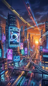 Futuristic Cityscape at Dusk with Neon Skyline and Flying Cars