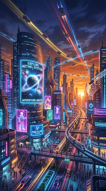 Futuristic Cityscape at Dusk with Neon Skyline and Flying Cars - Free mobile Wallpaper
