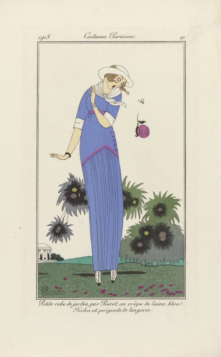 Patite robe de jardin par Poiret en crêpe de laine bleu Fichu et poignets de lin