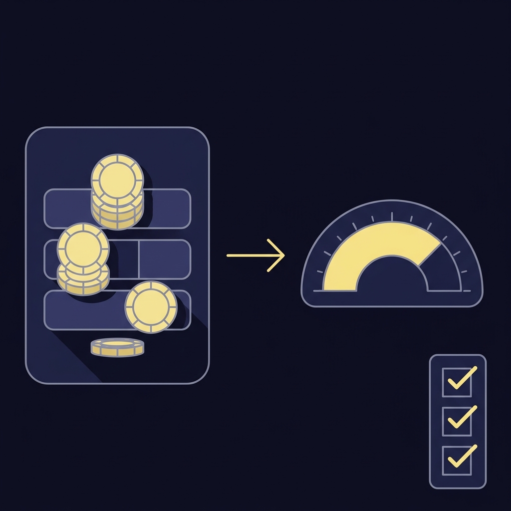 Minimalist 2D vector infographic showing conversion of american express odds to implied probability using an abstract betting slip icon arrow and semicircular probability gauge with checklist icons