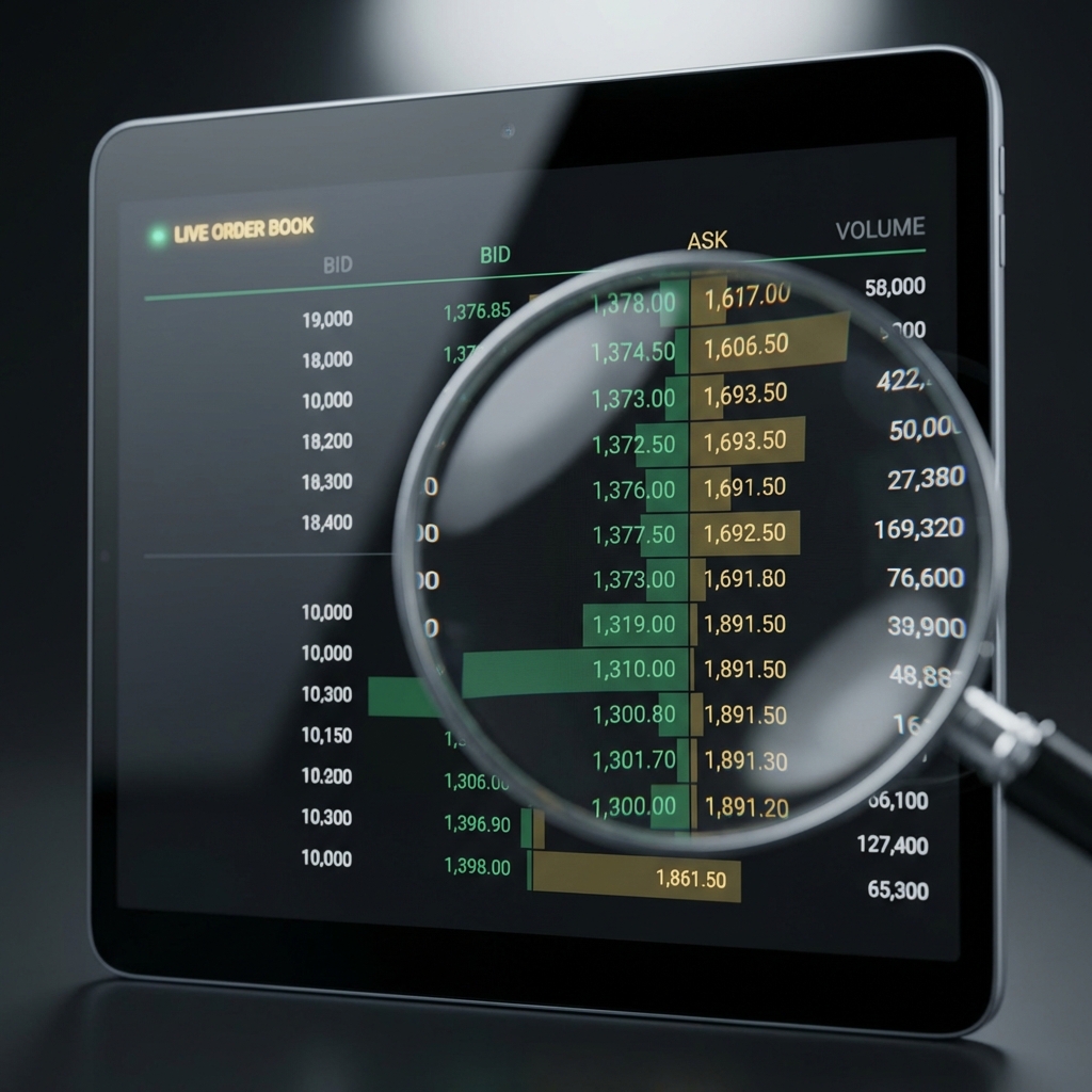 Close up of tablet order book and spreads with magnifying glass highlighting liquidity columns in minimalist Finance Police colors on black background best app for crypto trading