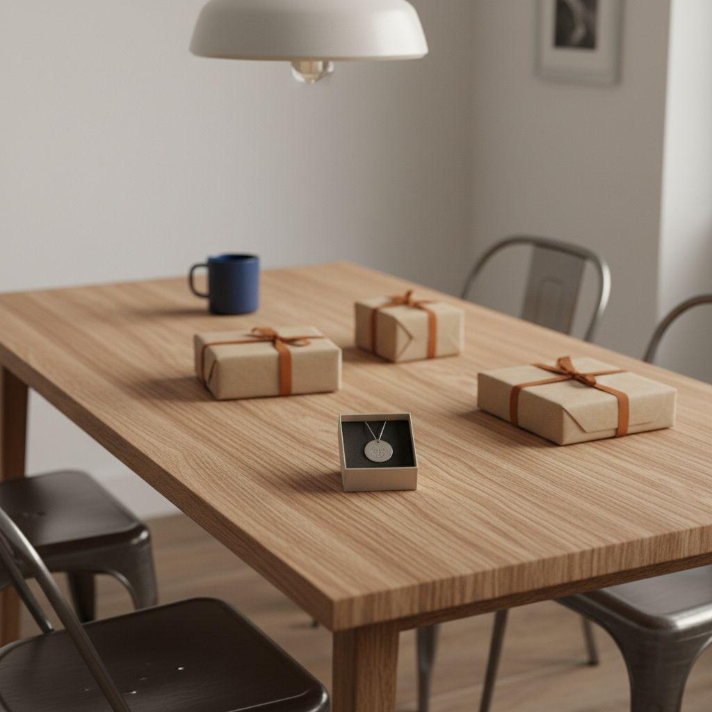 Esszimmer mit Holz- und Metalldetails, Tisch mit kleinen Geschenken und einem schlichten Kästchen mit personalisiertem Metallanhänger – Wie viel Geld zum Abitur