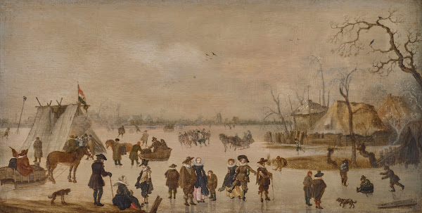 Figures skating and riding in carriages on a frozen lake with a tent and a town
