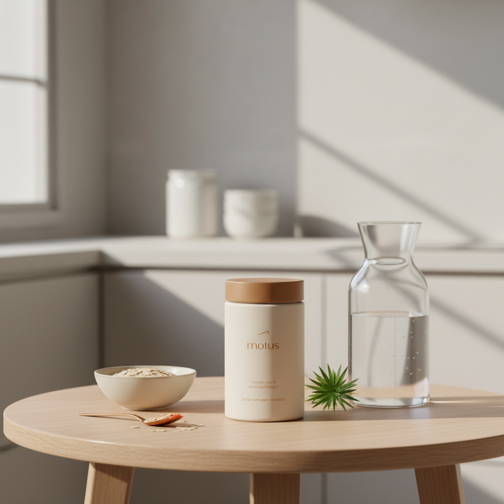 Tonum Motus supplement bottle on round wooden table with oats bowl, clear water carafe and milk thistle sprig in a sunlit kitchen, minimalist composition for b12 weight loss