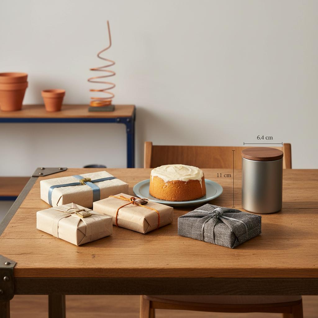 Detailaufnahme eines Esstisches mit kleinen Geschenken, einfachem Vanillekuchen und einem sichtbaren Schutzengel Zeichen als Anhänger, Fokus auf Materialität und warmes Licht