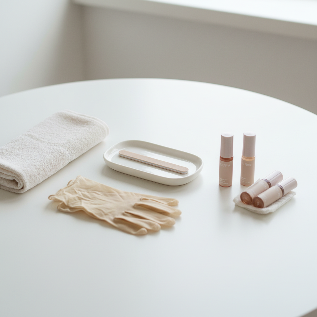Nahaufnahme einer minimalistischen Nagelpflege mit Rolle Nagelhautölen, Baumwolltuch, Handschuhen und Mini‑Feile auf weiß‑pastellrosa Tisch – kaputte Nägel wieder aufbauen