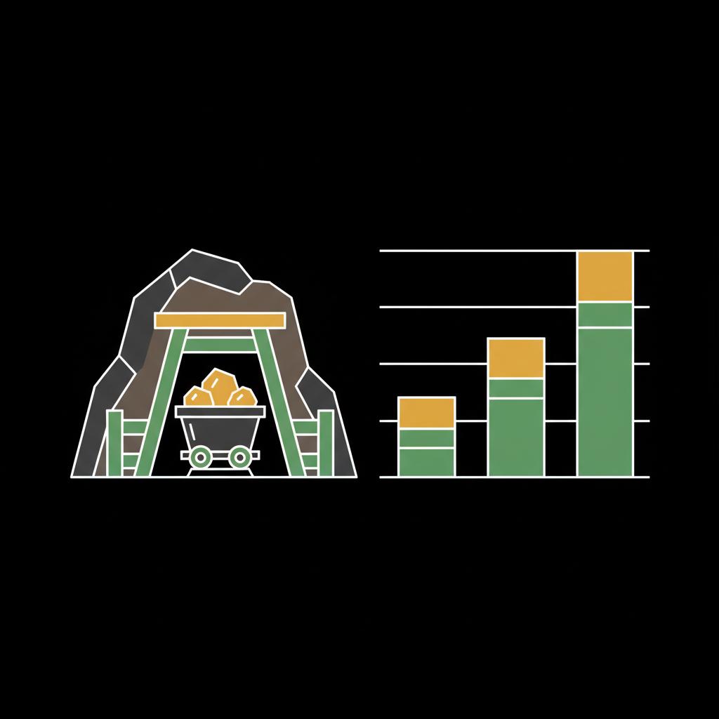 Minimalist 2D vector side by side gold mine illustration and stacked bar chart comparing long term returns how to buy gold on stock market