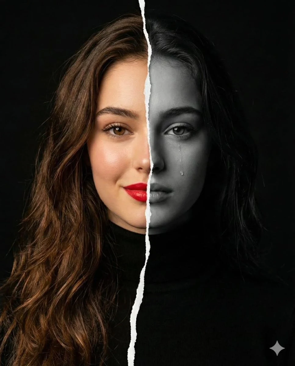 Un retrato conceptual de alta resolución del rostro de una mujer dividido verticalmente por la mitad por una línea irregular y desgarrada...