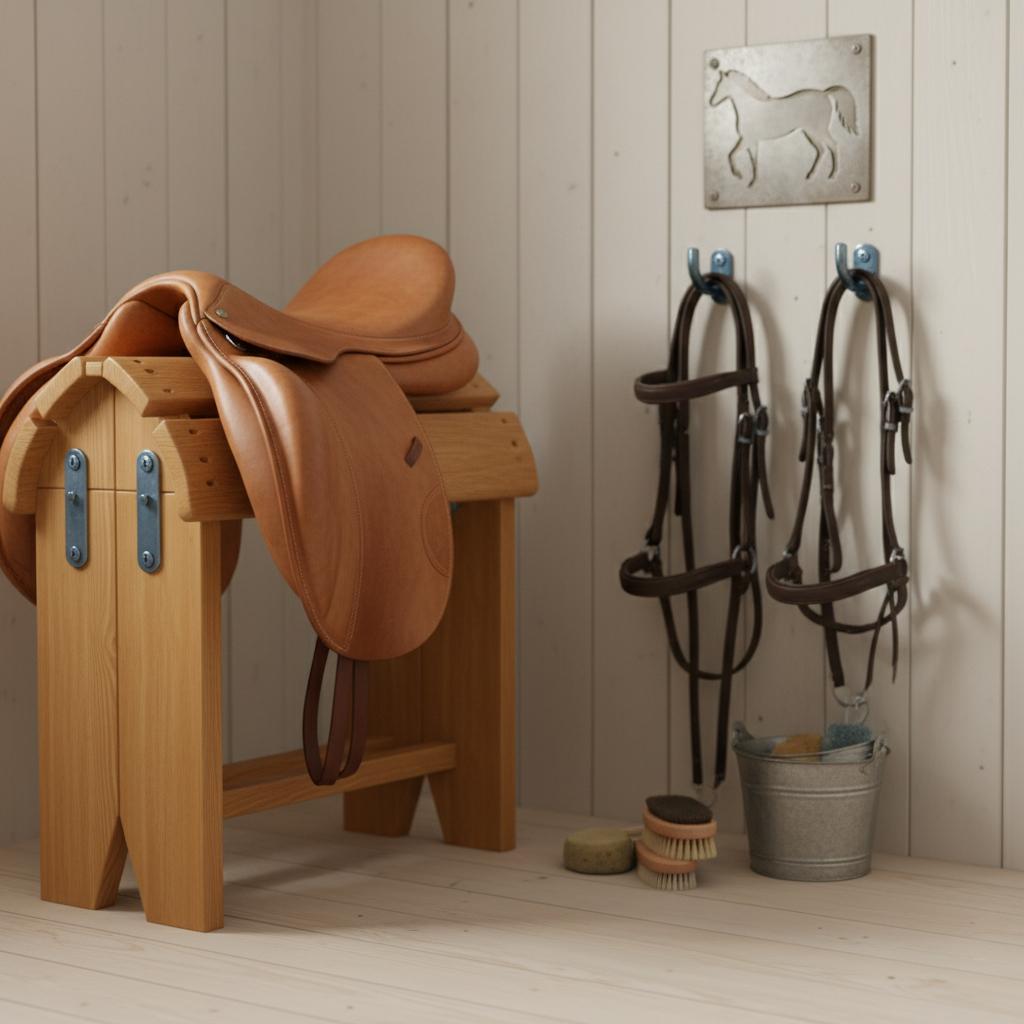 Minimalistische Stall-Ecke mit Sattelständer, Zaumzeug, Putzzeug und personalisiertem Metallschild – Pferde Grundausstattung in warmem Licht, Holz- und Metalltexturen.