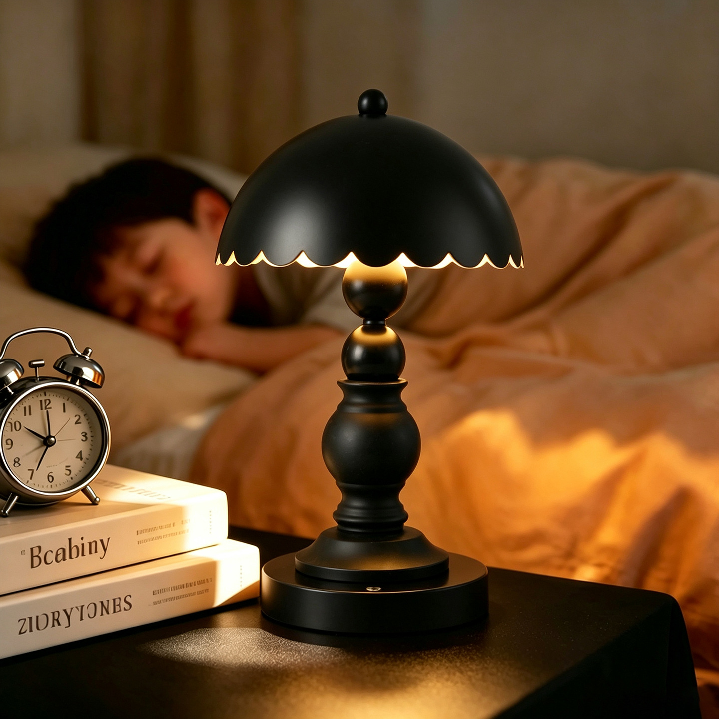 Black table lamp with column design, touch control