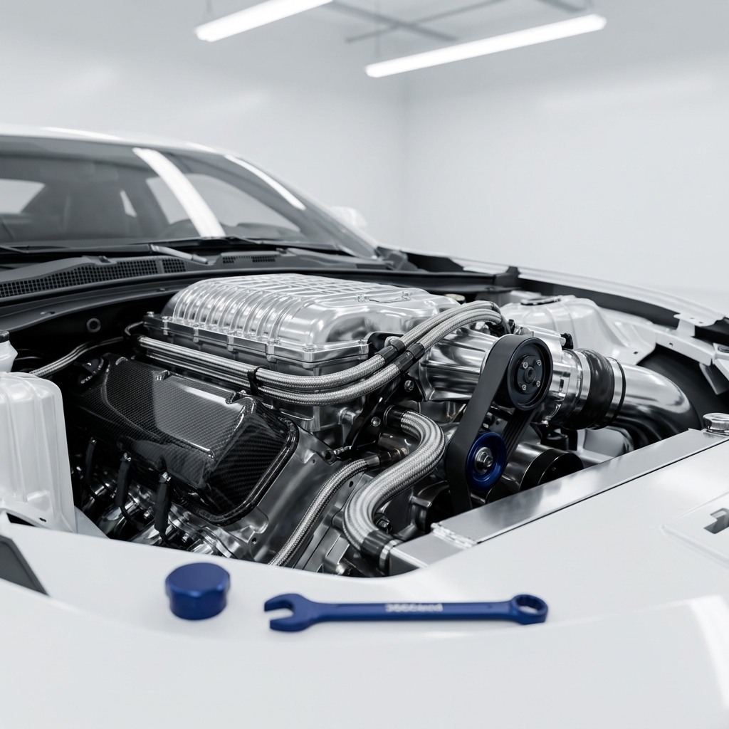 Close up of a Camaro ZL1 supercharged LT4 engine bay in a clean white workshop with subtle blue accents camaro zl1 for sale