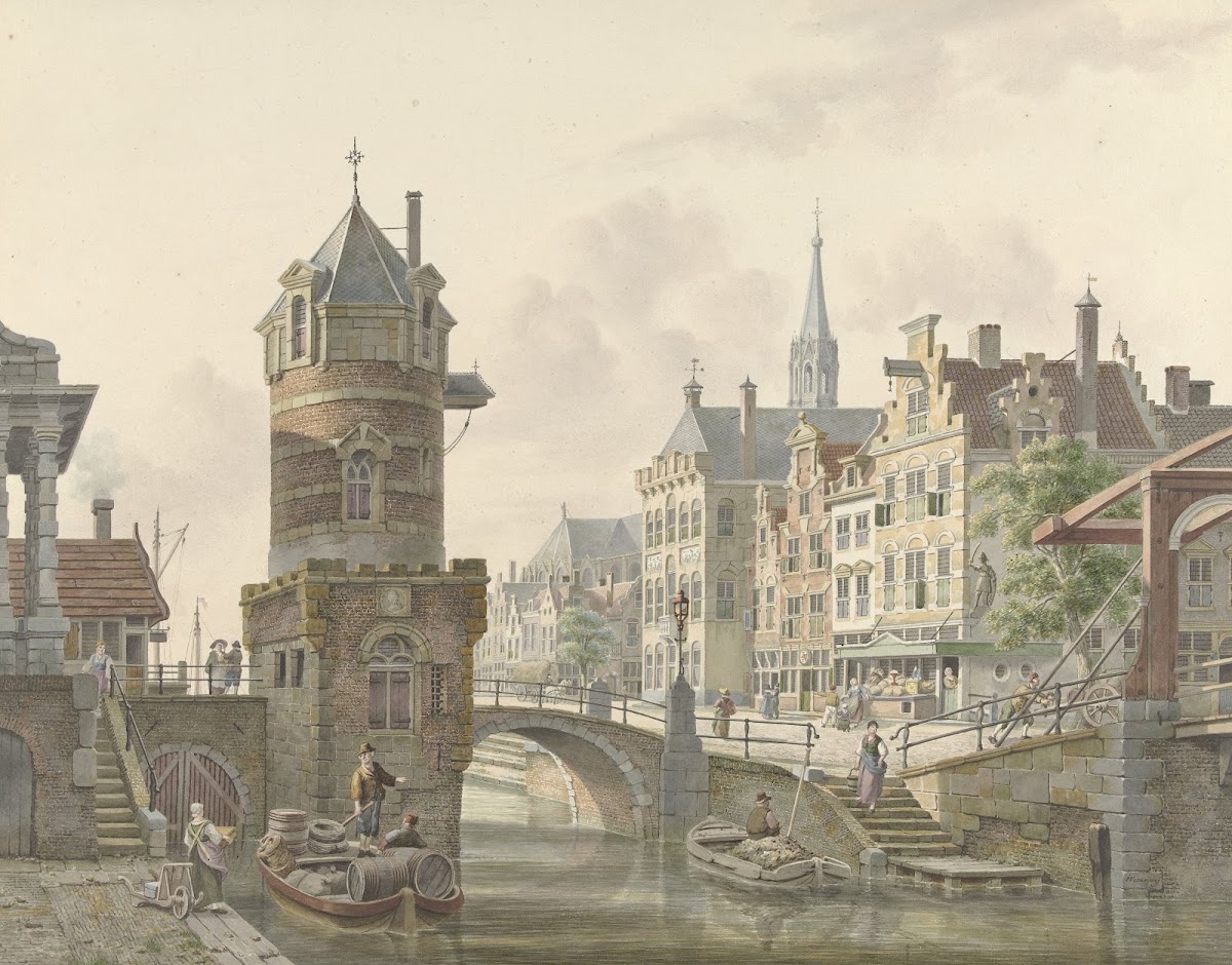 Gracht in een stad met een torentje bij een stenen brug 1788   1846