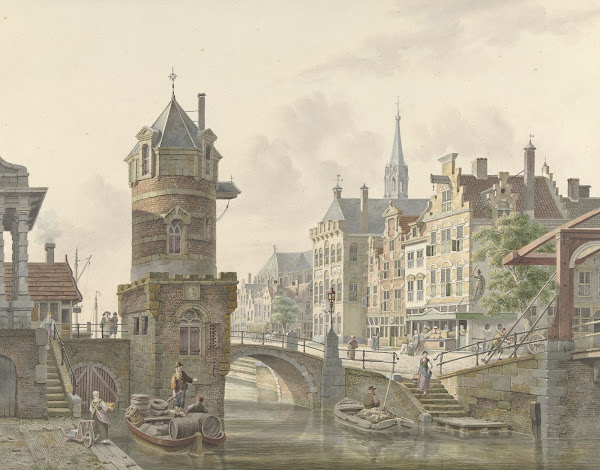 Gracht in een stad met een torentje bij een stenen brug 1788   1846