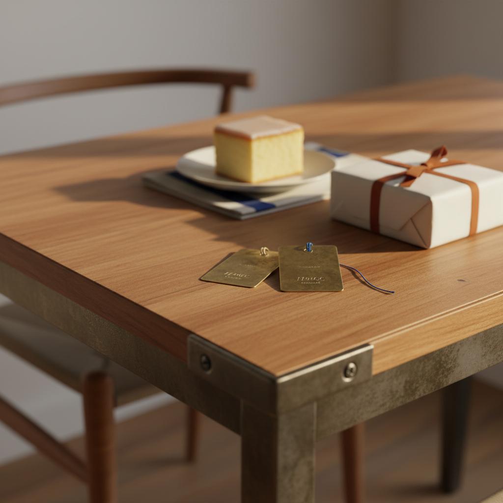 Nahaufnahme eines Esstischs mit personalisierten Metallanhängern, schlicht verpacktem Geschenk und Vanillekuchen, warme Lichtstimmung, industrielle Metalldetails und Holzoberfläche — was brauchen lehrer unbedingt