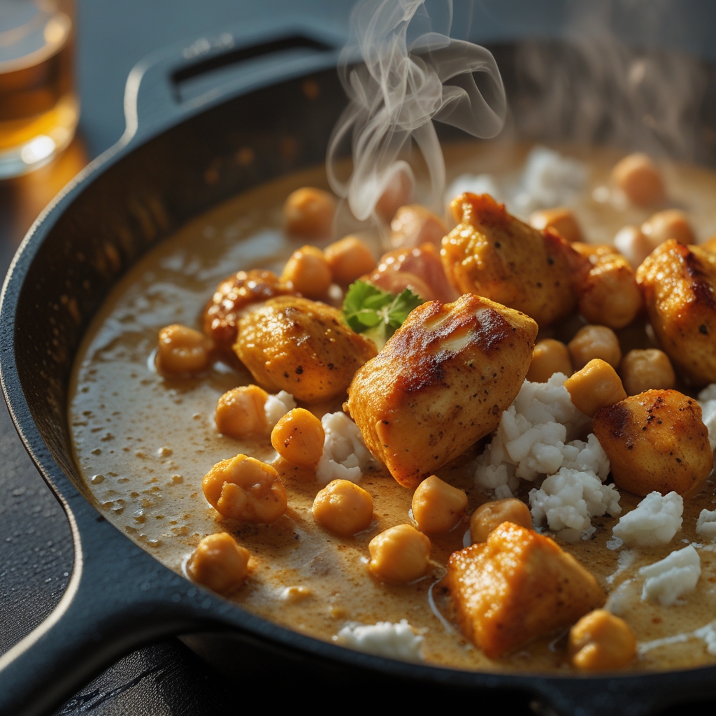 Final Spiced Coconut-Curry Chicken & Chickpea Skillet with Protein-Packed Cottage Cheese Sauce