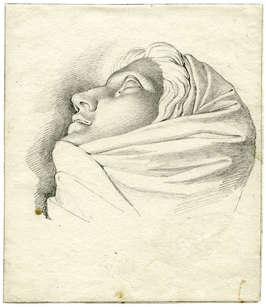 Vrouwenhoofd m omslagdoek achteroverliggend en profil