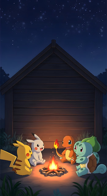 Cute Anime Creatures Sitting Around a Warm Night Fire - Free mobile Wallpaper
