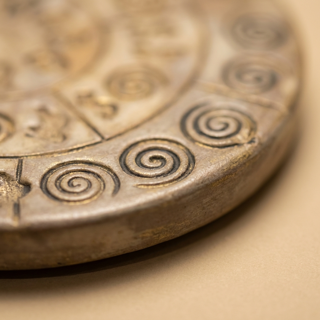 Close up of Phaistos Disc spiral signs on a warm beige museum background showing detailed glyphs texture and shallow depth of field phaistos disc ring
