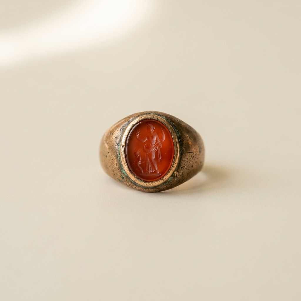 Close up photo of an engraved carnelian intaglio set in a worn bronze ring showing bezel and wear marks on a soft cream background ancient greek rings