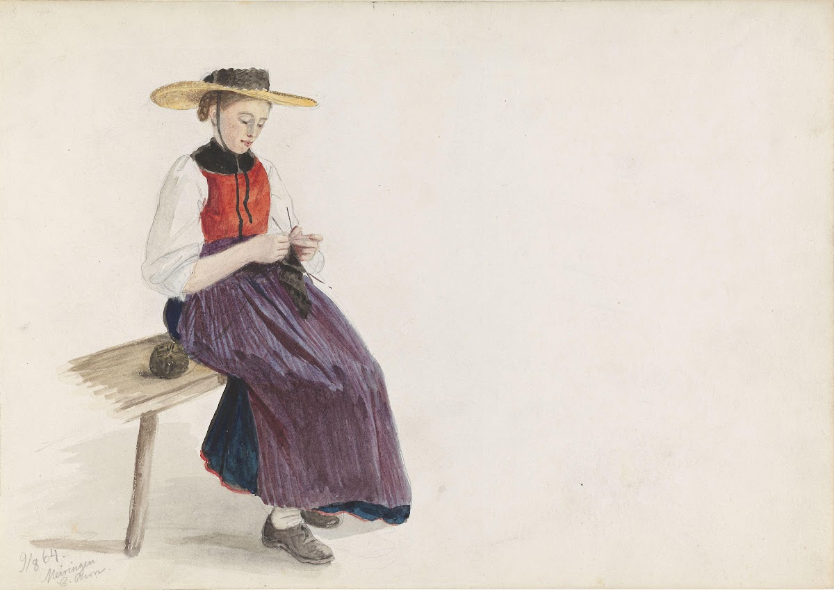 Strikkende ung pike med bred hatt Meiringen 1864
