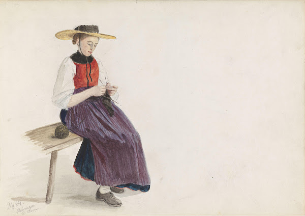 Strikkende ung pike med bred hatt Meiringen 1864