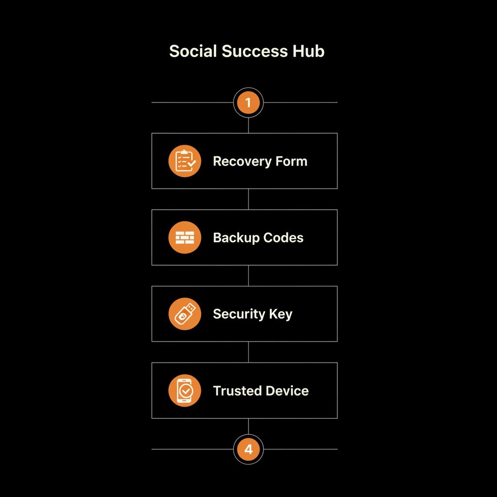 Vertical minimalist infographic showing four steps—Recovery Form, Backup Codes, Security Key, Trusted Device—on black background. how do I recover my Google email