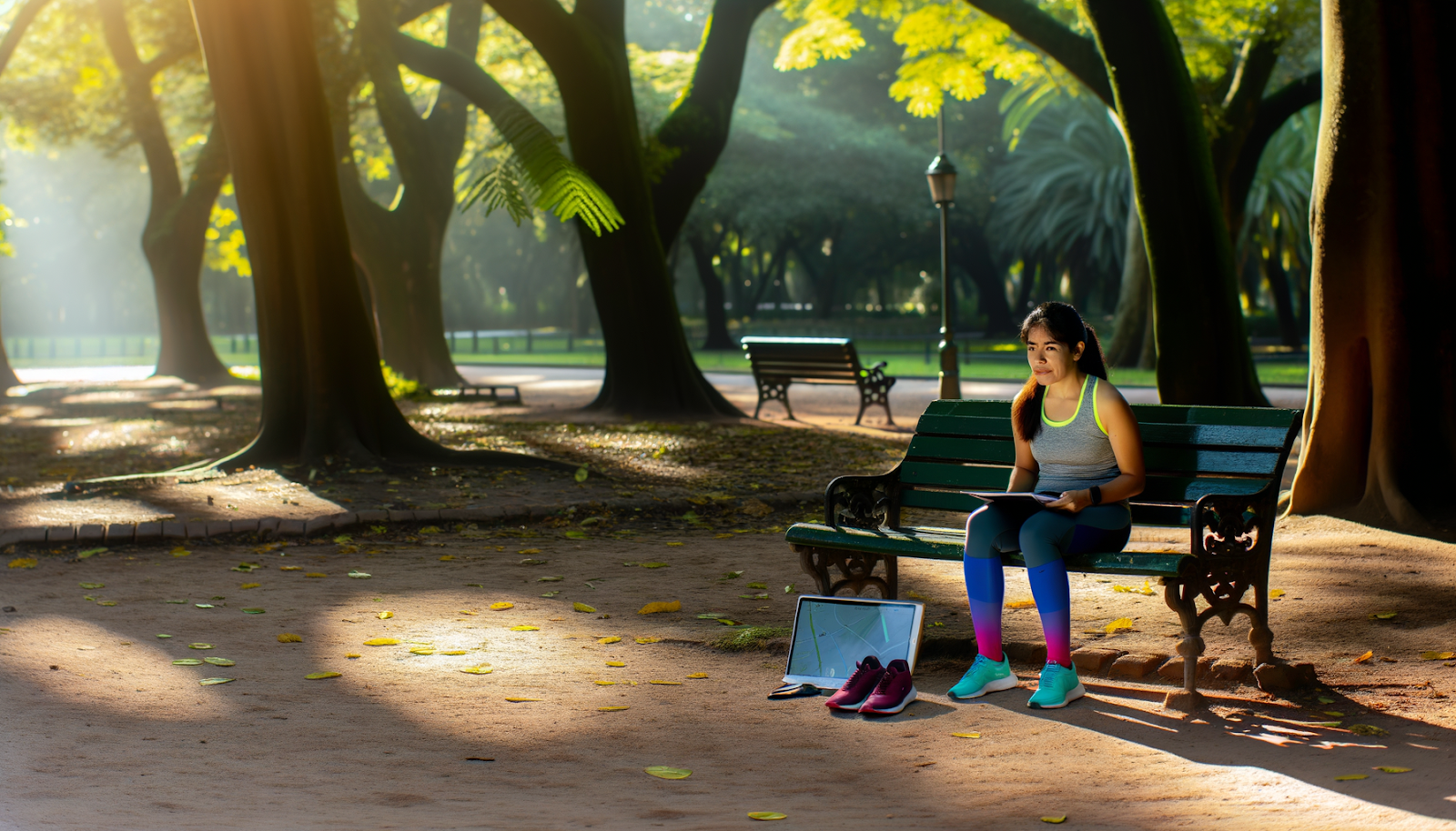 Runner planificando su entrenamiento con un cuaderno y zapatillas en un parque de Palermo
