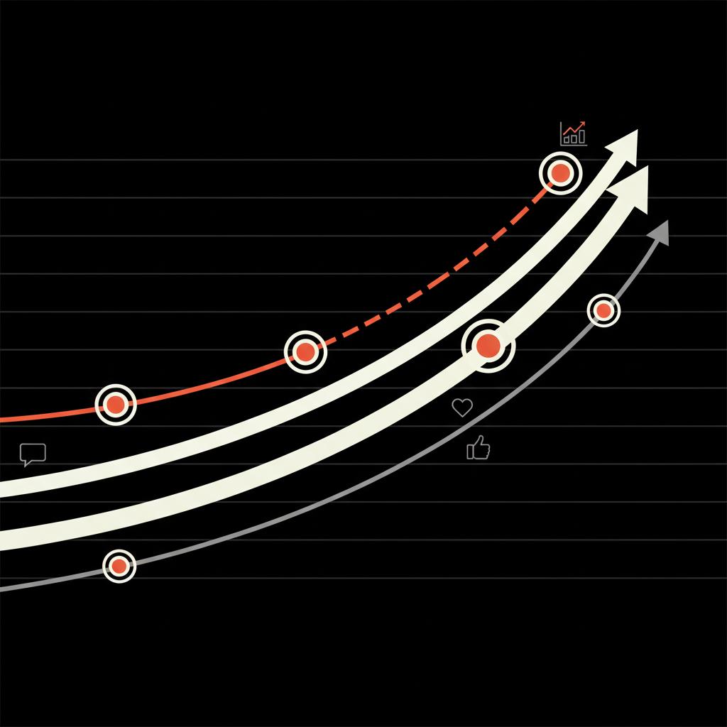 Minimal 2D vector infographic with ascending curved growth lines, dot nodes and small icons on black background for Forbes contributors, using Social Success Hub brand colors.