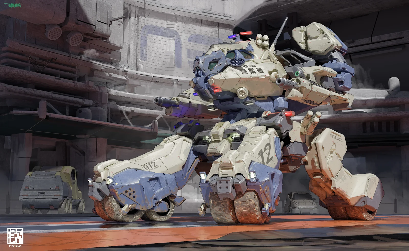 Heavily Armored Police Mech Walker - Sci-Fi Concept Art 4K Wallpaper (3920x2406)