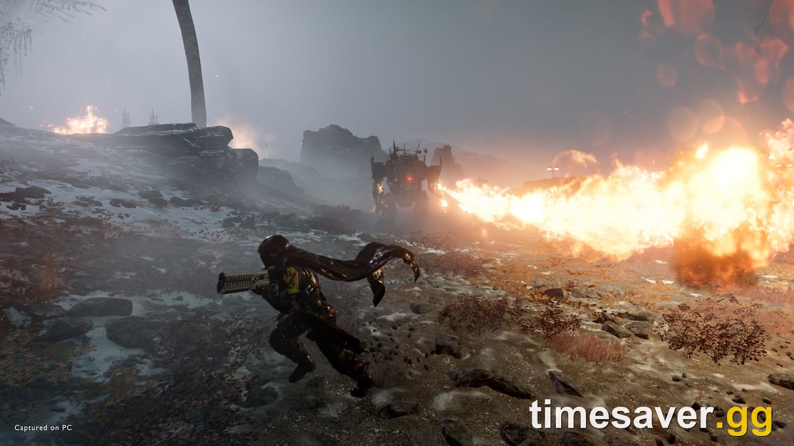 A Helldiver fleeing a flamethrower machine across a burning landscape