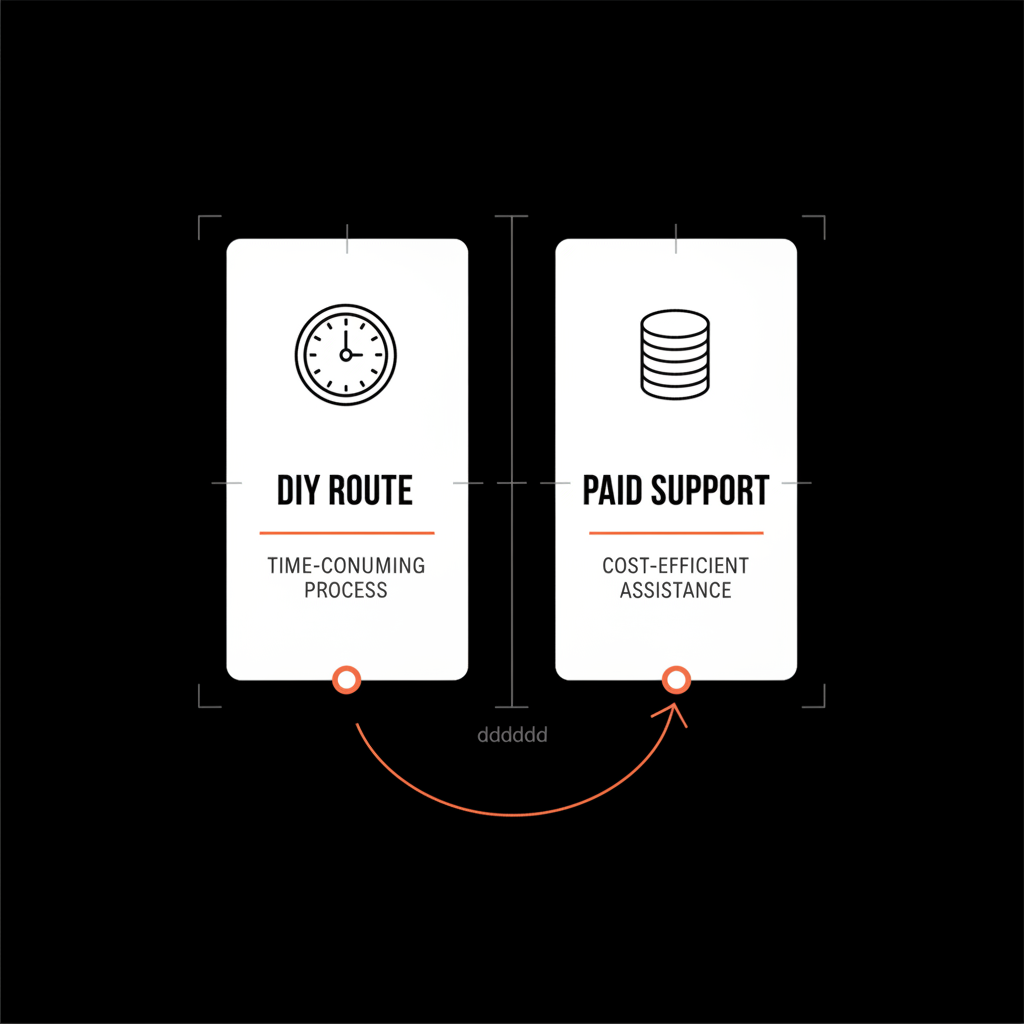 Minimal infographic comparing DIY route vs paid support for Instagram verification with clock and coin icons, brand palette; cost to be verified on Instagram