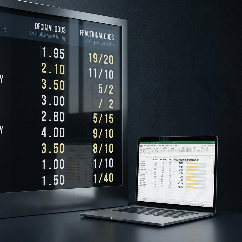 Close up scoreboard showing decimal and fractional prices next to a laptop displaying implied probability calculations and percentages for cricket odds in a minimalist Funded Plays style layout