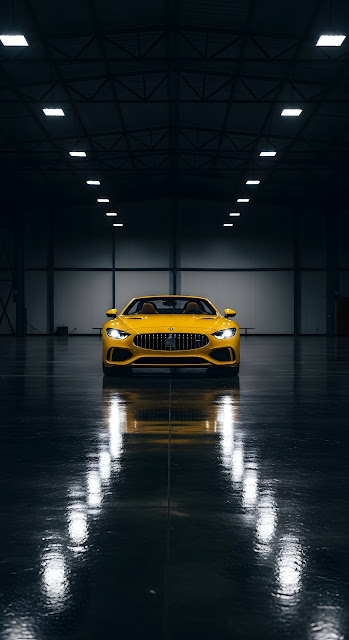 Bright Yellow Luxury Convertible Sports Car Reflected on Wet Dark Industrial Garage Floor - Free mobile Wallpaper