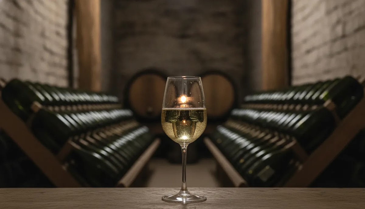 Prestige cuvee champagne cellar ageing scene with pale gold sparkling wine glass