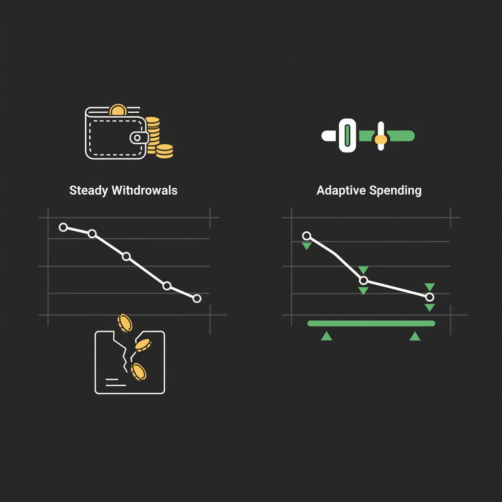 Split 2D vector infographic comparing steady withdrawals causing portfolio decline on the left and guardrail adaptive spending stabilizing portfolio on the right for financial independence tips