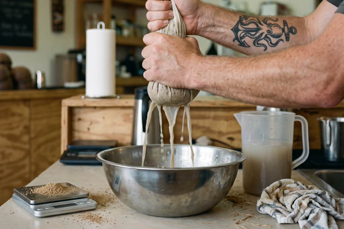 A pair of tattooed forearms squeezing a cloth strainer bag of ground kava root over a stainless steel bowl, cloudy liquid running through, on a kava bar counter beside a kitchen scale dusted with root powder.