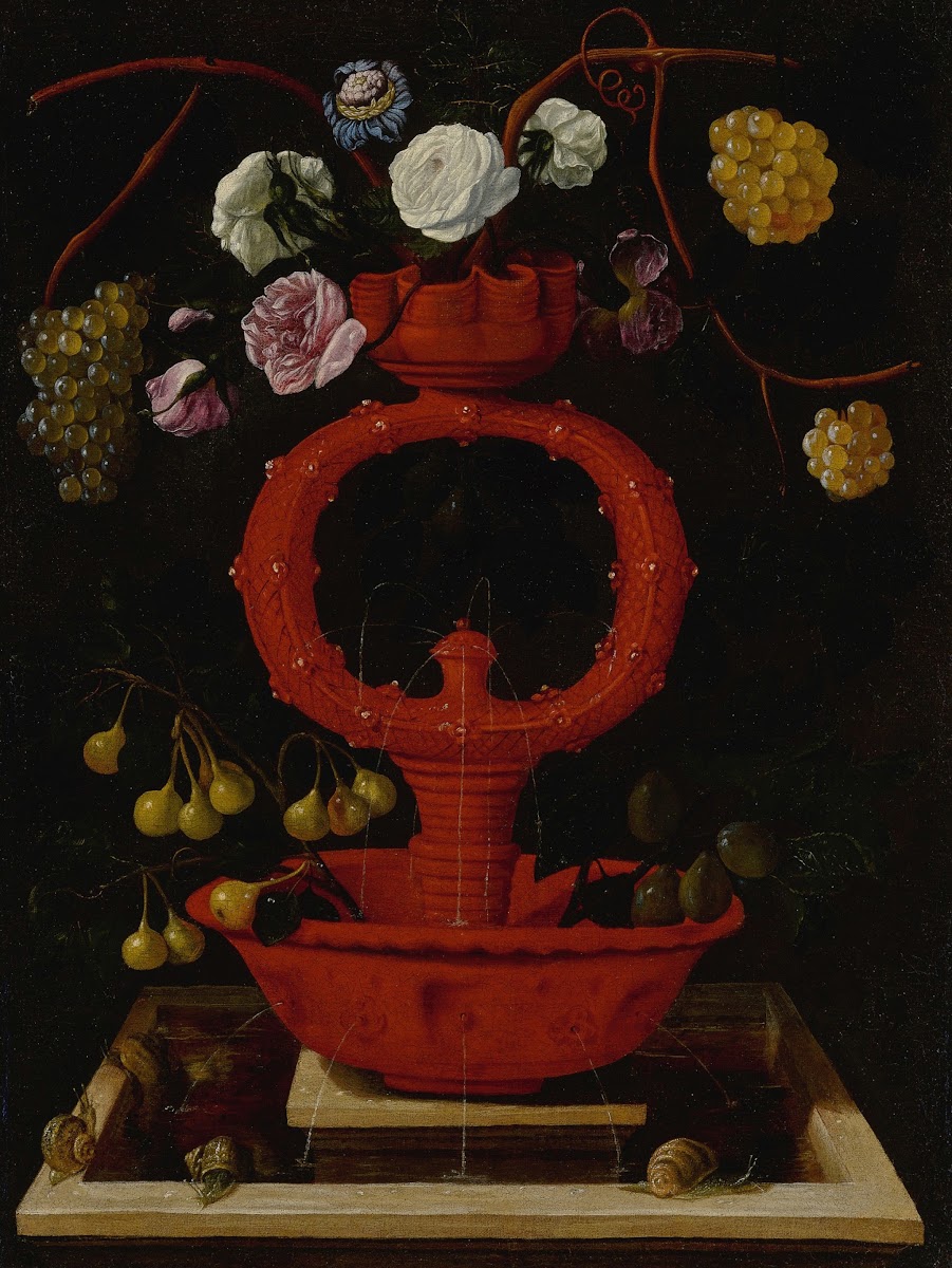 Still life of flowers and grapes in an elaborate ceramic vase with snails along