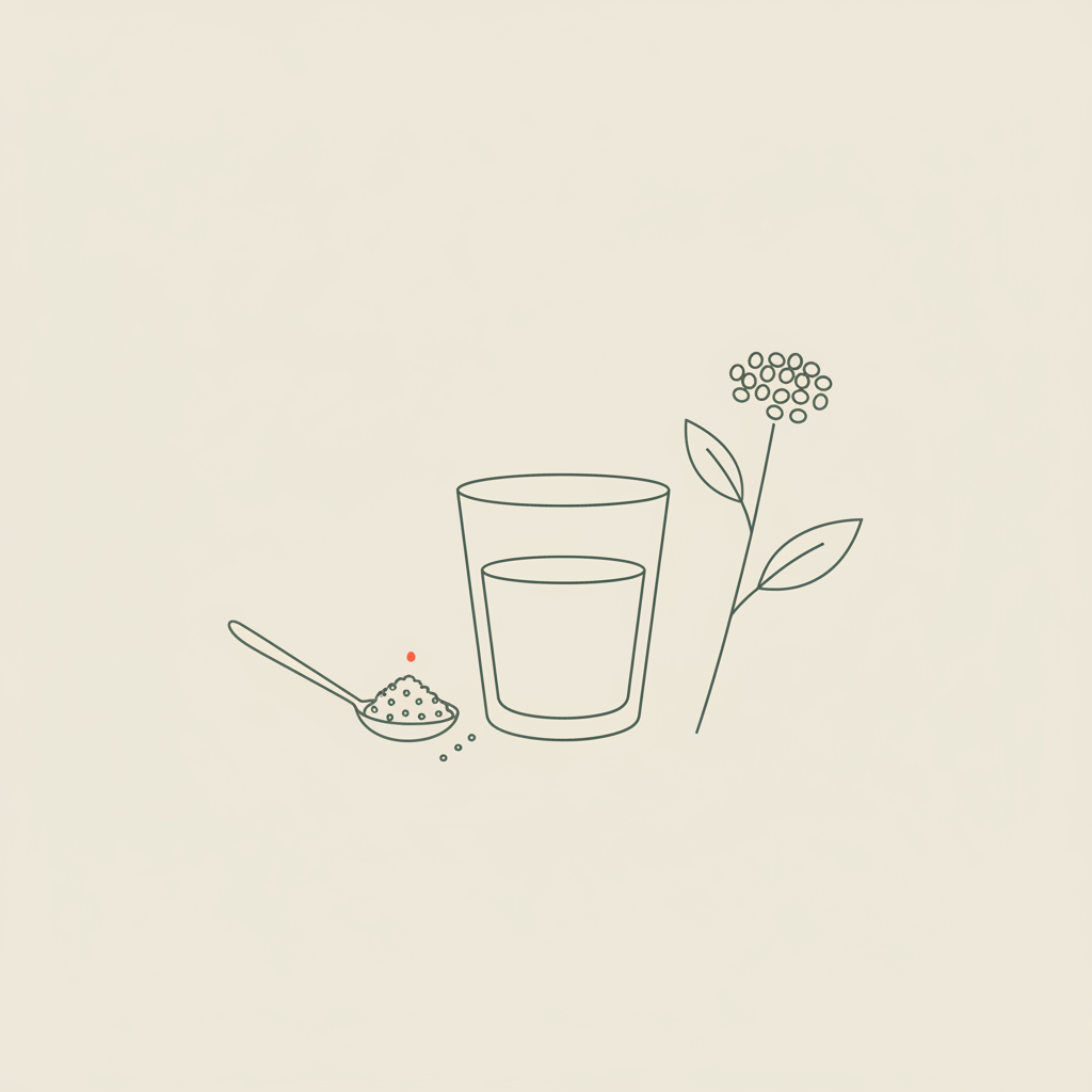 Minimal Tonum-style line illustration of a glass of water, teaspoon with psyllium seeds, and a stylized psyllium husk plant on a beige background — best time to take psyllium husk
