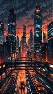 Futuristic City with Glowing Skyscrapers at Sunset
